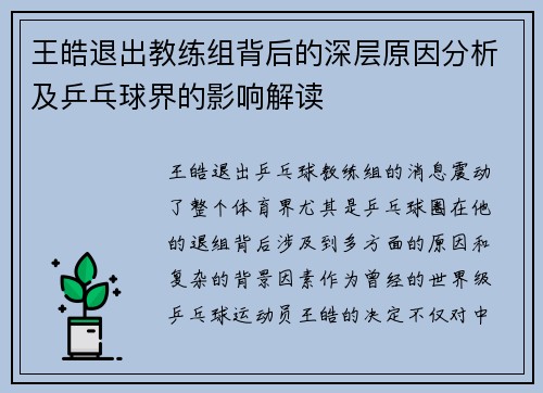 王皓退出教练组背后的深层原因分析及乒乓球界的影响解读 王皓退出教练组背后的深层原因分析及乒乓球界的影响解读
