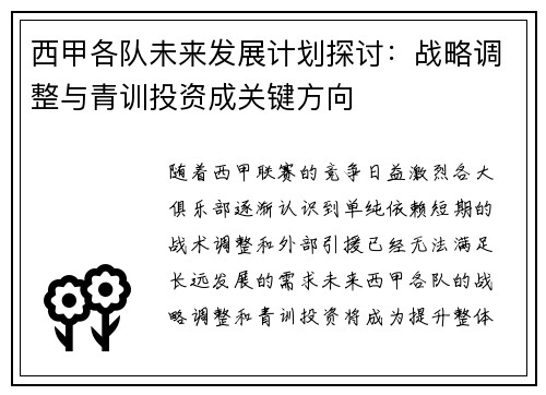 西甲各队未来发展计划探讨：战略调整与青训投资成关键方向