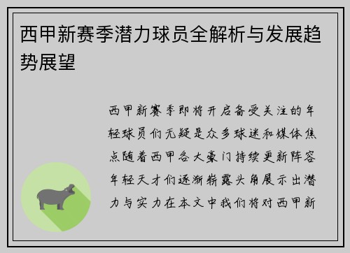 西甲新赛季潜力球员全解析与发展趋势展望 西甲新赛季潜力球员全解析与发展趋势展望