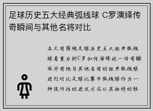 足球历史五大经典弧线球 C罗演绎传奇瞬间与其他名将对比