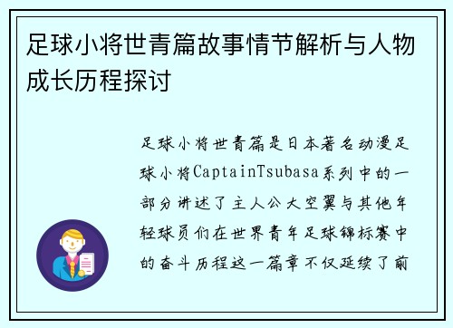 足球小将世青篇故事情节解析与人物成长历程探讨